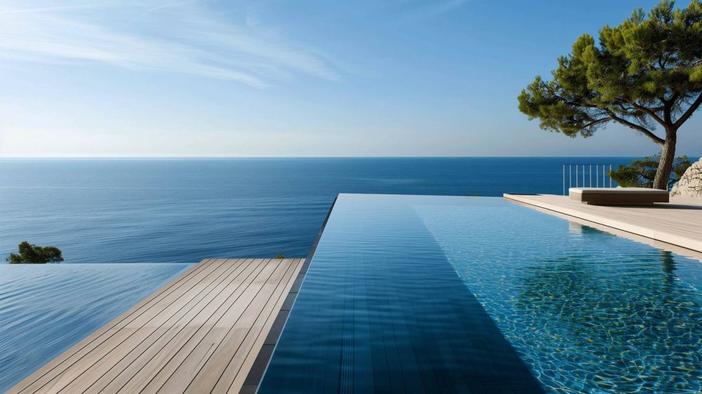 Piscine à débordement face à la mer Méditerranée, terrasse en bois et pin parasol, offrant une vue panoramique dégagée sur l’horizon marin dans un cadre immobilier haut de gamme.